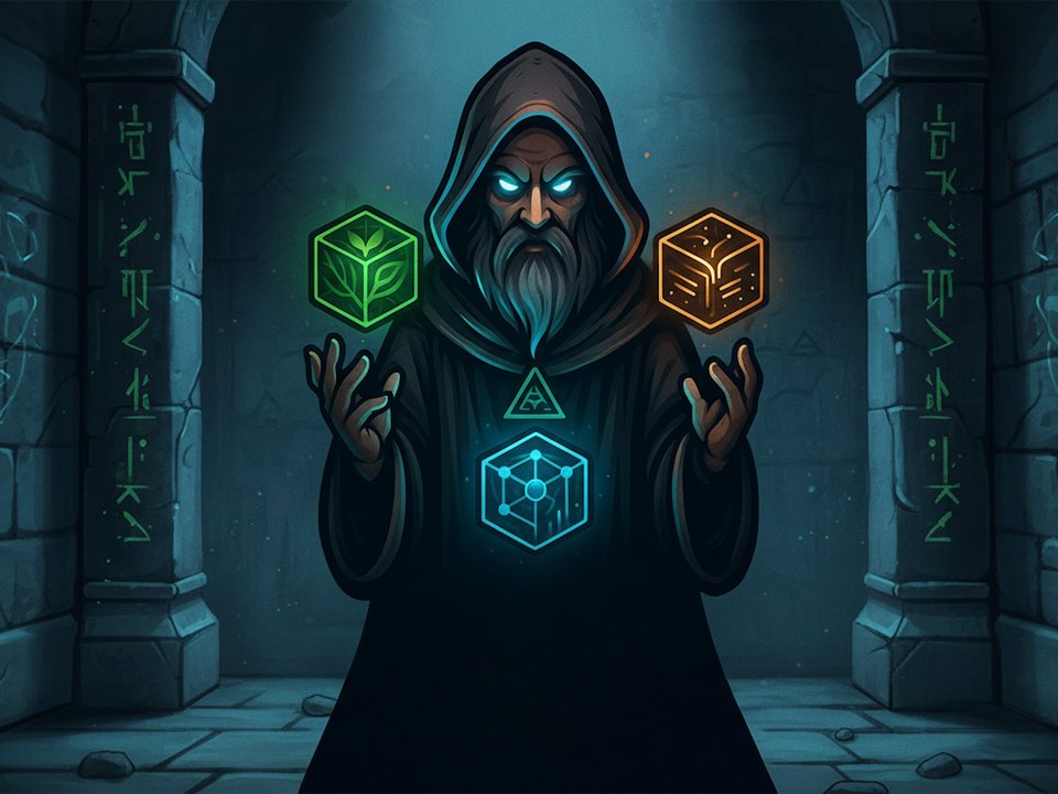 De alchemist van The Memecoin Alchemist met drie gloeiende blokken