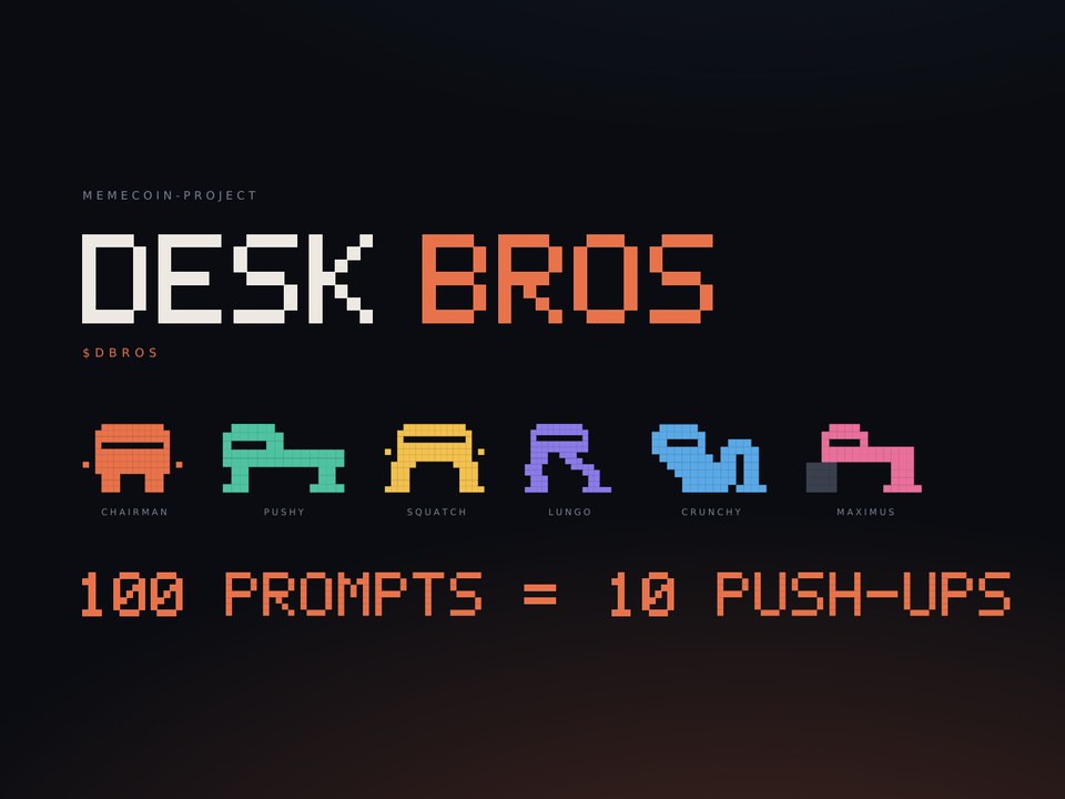 Desk Bros met de zes pixelkarakters Chairman, Pushy, Squatch, Lungo, Crunchy en Maximus