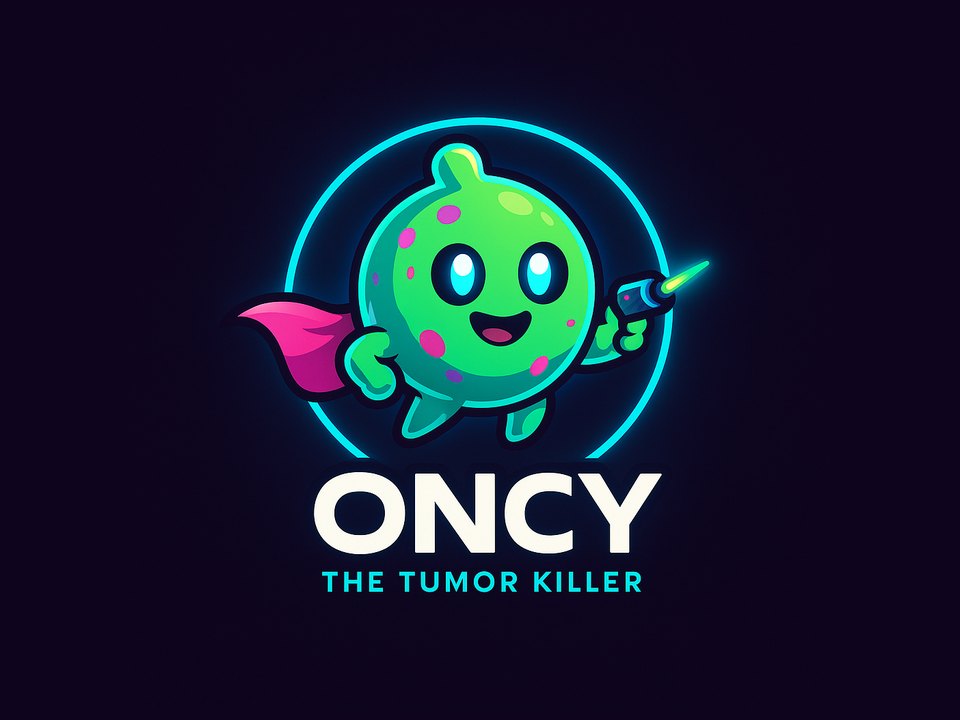 Logo van ONCY met de mascotte Oncy the Tumor Killer